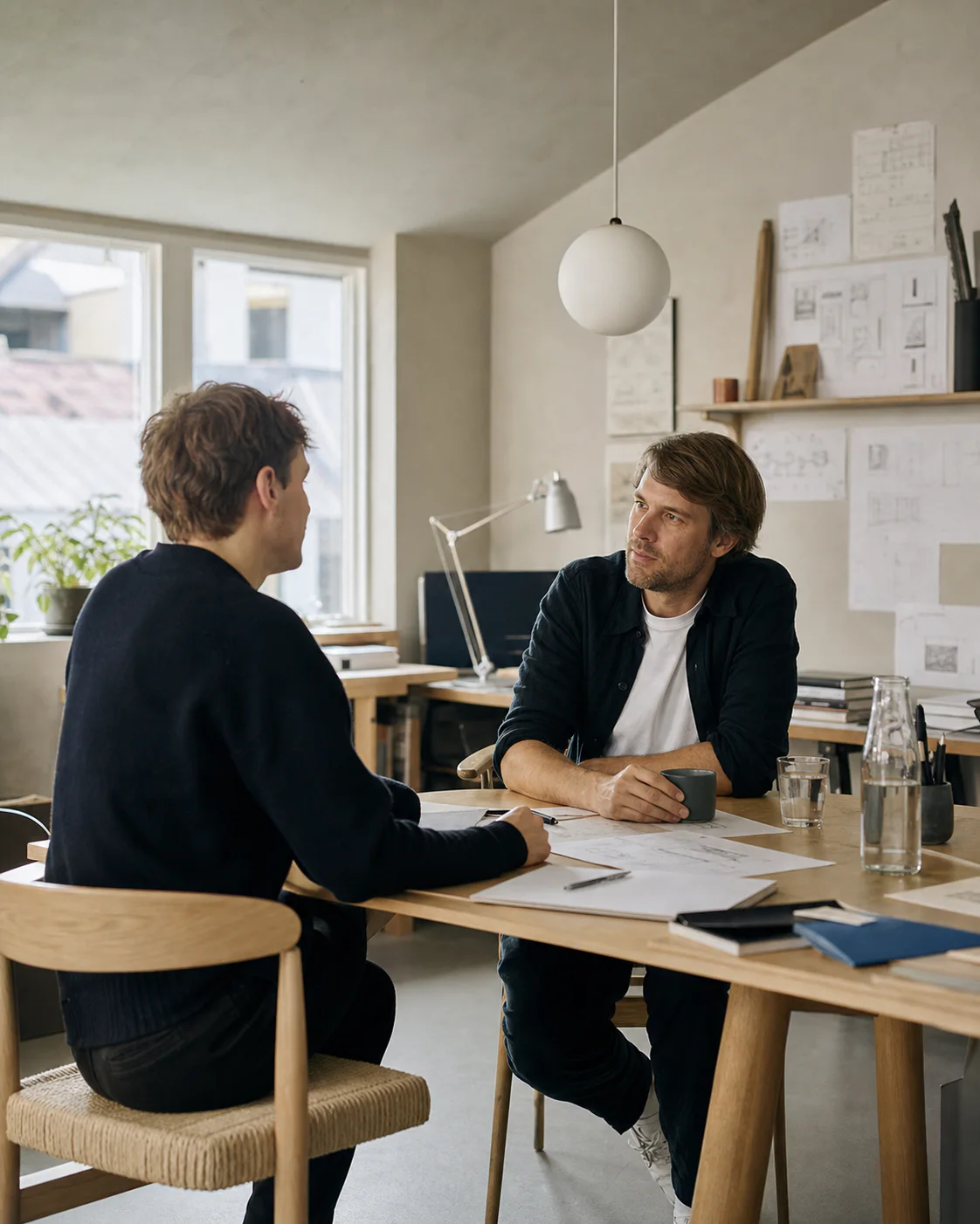 En gründer i en konsentrert samtale med en kunde i et lyst kontor