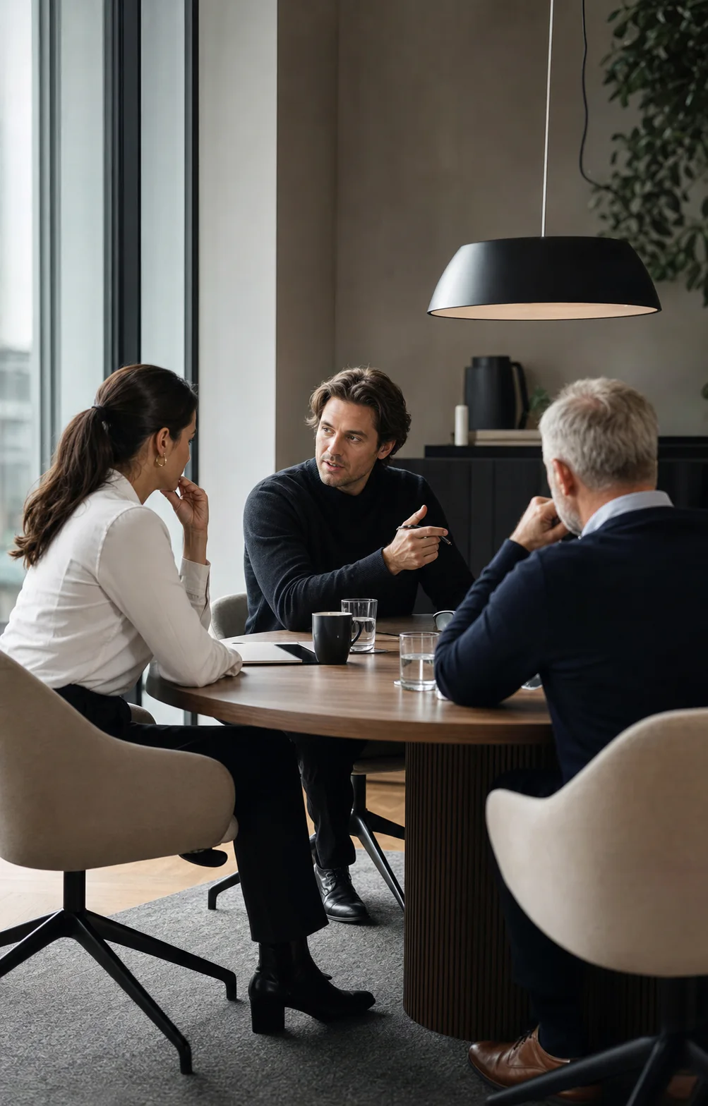 Et salgsteam som diskuterer muligheter rundt et møtebord